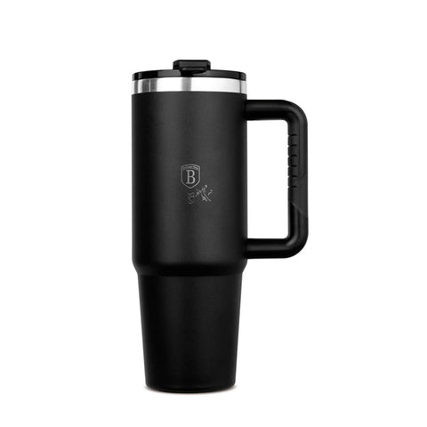 Product image of Thermo mug 1L. Part of the Matte Black Collection . Features: • Material: 18/10 stainless steel, cap: plastic, with matt powder coating • Capacity: 1 L • Accessories: • 30 cm straw • Color: black • Packing: ha.... (Studio view). Official Berlinger Haus product, boosted by Promintra sl.