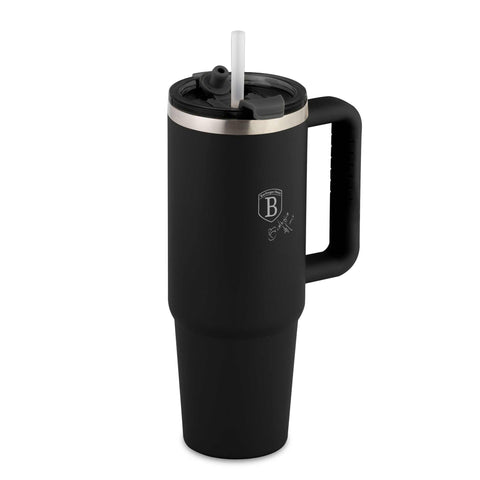 Product image of Thermo mug 1L. Part of the Matte Black Collection . Features: • Material: 18/10 stainless steel, cap: plastic, with matt powder coating • Capacity: 1 L • Accessories: • 30 cm straw • Color: black • Packing: ha.... (Studio view). Official Berlinger Haus product, boosted by Promintra sl.