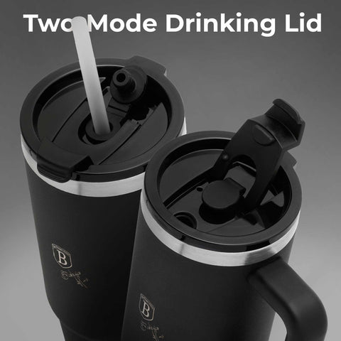 Product image of Thermo mug 1L. Part of the Matte Black Collection . Features: • Material: 18/10 stainless steel, cap: plastic, with matt powder coating • Capacity: 1 L • Accessories: • 30 cm straw • Color: black • Packing: ha.... (Studio view). Official Berlinger Haus product, boosted by Promintra sl.