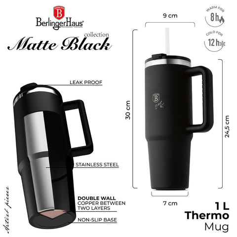 Product image of Thermo mug 1L. Part of the Matte Black Collection . Features: • Material: 18/10 stainless steel, cap: plastic, with matt powder coating • Capacity: 1 L • Accessories: • 30 cm straw • Color: black • Packing: ha.... (Studio view). Official Berlinger Haus product, boosted by Promintra sl.