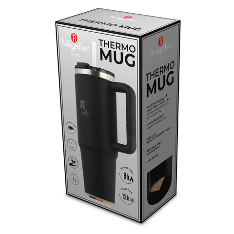 Product image of Thermo mug 1L. Part of the Matte Black Collection . Features: • Material: 18/10 stainless steel, cap: plastic, with matt powder coating • Capacity: 1 L • Accessories: • 30 cm straw • Color: black • Packing: ha.... (Studio view). Official Berlinger Haus product, boosted by Promintra sl.