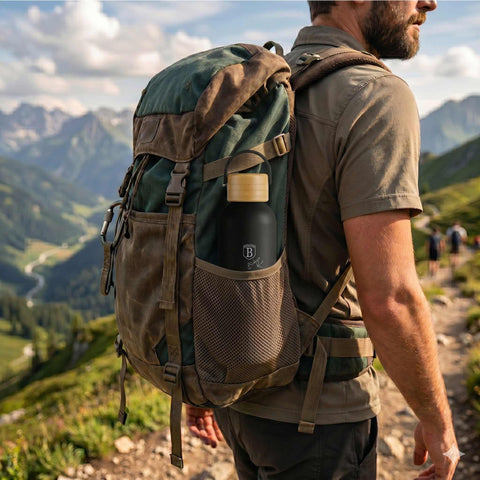 Product image of Vacuum flask with bamboo lid 0,5L. Part of the Matte Black Collection . Features: • Material: 18/10 stainless steel with matt powder coating • Bamboo lid • Capacity: 0,5 L • Color: black • Packing: giftbox. (Studio view). Official Berlinger Haus product, boosted by Promintra sl.