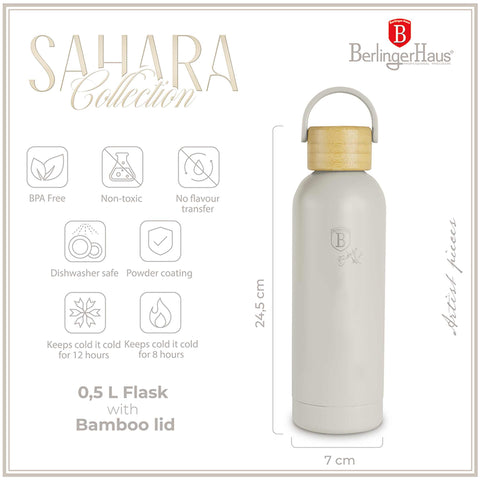Product image of Vacuum flask with bamboo lid 0,5L. Part of the Sahara Collection . Features: • Material: 18/10 stainless steel with matt powder coating • Bamboo lid • Capacity: 0,5 L • Color: matt cream • Packing: giftbox. (Studio view). Official Berlinger Haus product, boosted by Promintra sl.