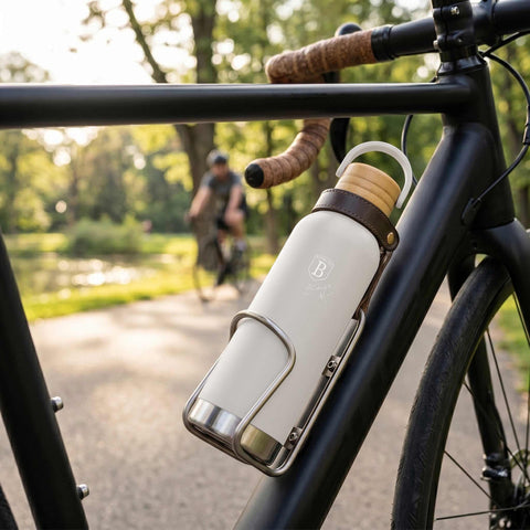 Product image of Vacuum flask with bamboo lid 0,5L. Part of the Sahara Collection . Features: • Material: 18/10 stainless steel with matt powder coating • Bamboo lid • Capacity: 0,5 L • Color: matt cream • Packing: giftbox. (Studio view). Official Berlinger Haus product, boosted by Promintra sl.