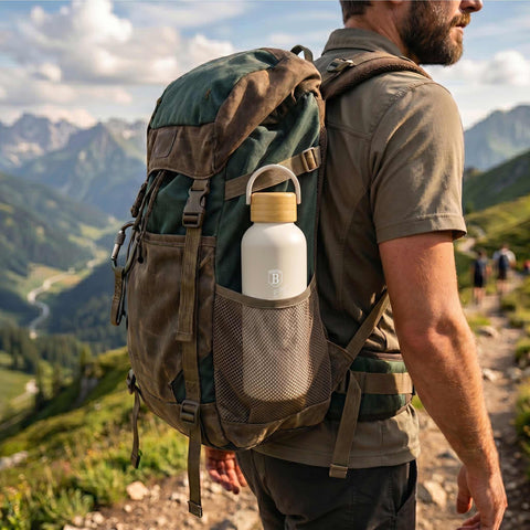 Product image of Vacuum flask with bamboo lid 0,5L. Part of the Sahara Collection . Features: • Material: 18/10 stainless steel with matt powder coating • Bamboo lid • Capacity: 0,5 L • Color: matt cream • Packing: giftbox. (Studio view). Official Berlinger Haus product, boosted by Promintra sl.