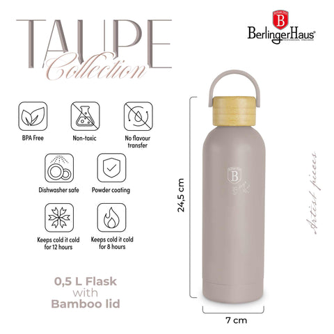 Product image of Vacuum flask with bamboo lid 0,5L. Part of the Taupe Collection . Features: • Material: 18/10 stainless steel with matt powder coating • Bamboo lid • Capacity: 0,5 L • Color: matt taupe • Packing: giftbox. (Studio view). Official Berlinger Haus product, boosted by Promintra sl.