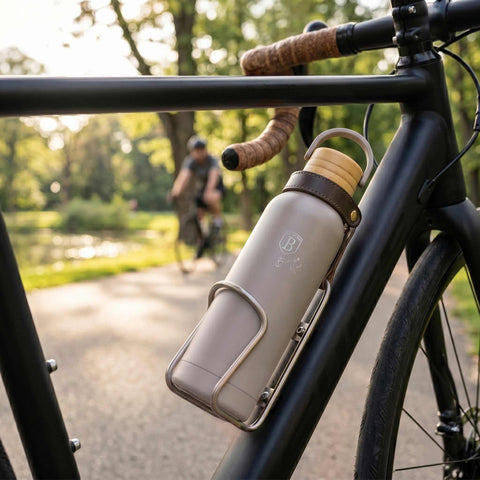 Product image of Vacuum flask with bamboo lid 0,5L. Part of the Taupe Collection . Features: • Material: 18/10 stainless steel with matt powder coating • Bamboo lid • Capacity: 0,5 L • Color: matt taupe • Packing: giftbox. (Studio view). Official Berlinger Haus product, boosted by Promintra sl.
