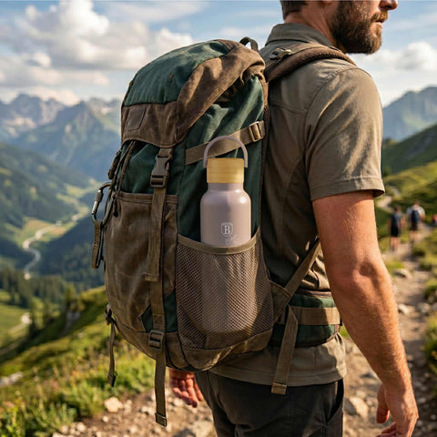 Product image of Vacuum flask with bamboo lid 0,5L. Part of the Taupe Collection . Features: • Material: 18/10 stainless steel with matt powder coating • Bamboo lid • Capacity: 0,5 L • Color: matt taupe • Packing: giftbox. (Studio view). Official Berlinger Haus product, boosted by Promintra sl.