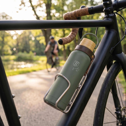 Product image of Vacuum flask with bamboo lid 0,5L. Part of the Matte Green Collection . Features: • Material: 18/10 stainless steel with matt powder coating • Bamboo lid • Capacity: 0,5 L • Color: matt green • Packing: giftbox. (Studio view). Official Berlinger Haus product, boosted by Promintra sl.