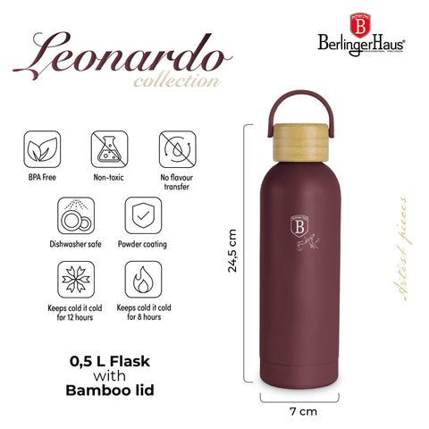 Product image of Vacuum flask with bamboo lid 0,5L. Part of the Leonardo Collection . Features: • Material: 18/10 stainless steel with matt powder coating • Bamboo lid • Capacity: 0,5 L • Color: matt bordeaux • Packing: giftbox. (Studio view). Official Berlinger Haus product, boosted by Promintra sl.