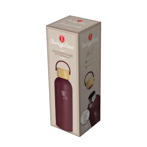 Product image of Vacuum flask with bamboo lid 0,5L. Part of the Leonardo Collection . Features: • Material: 18/10 stainless steel with matt powder coating • Bamboo lid • Capacity: 0,5 L • Color: matt bordeaux • Packing: giftbox. (Studio view). Official Berlinger Haus product, boosted by Promintra sl.