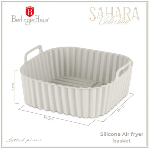 Product image of Silicone air fryer basket. Part of the Sahara Collection . Features: • Air fryer basket • Material: silicone • Size: 21*21*9 cm • Color: cream. (Studio view). Official Berlinger Haus product, boosted by Promintra sl.