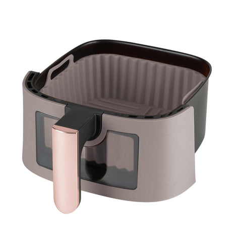 Product image of Silicone air fryer basket. Part of the Taupe Collection . Features: • Air fryer basket • Material: silicone • Size: 21*21*9 cm • Color: taupe. (Studio view). Official Berlinger Haus product, boosted by Promintra sl.