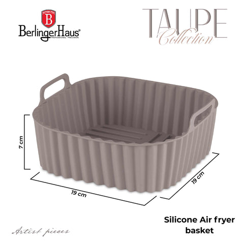 Product image of Silicone air fryer basket. Part of the Taupe Collection . Features: • Air fryer basket • Material: silicone • Size: 21*21*9 cm • Color: taupe. (Studio view). Official Berlinger Haus product, boosted by Promintra sl.