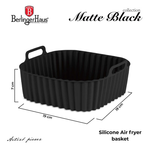 Product image of Silicone air fryer basket. Part of the Black Vantage Collection/Matte Black Collection/Black Silver Collection . Features: • Air fryer basket • Material: silicone • Size: 21*21*9 cm • Color: black. (Studio view). Official Berlinger Haus product, boosted by Promintra sl.