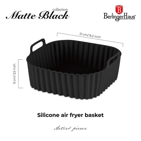 Product image of Silicone air fryer basket. Part of the Black Vantage Collection/Matte Black Collection/Black Silver Collection . Features: • Air fryer basket • Material: silicone • Size: 21*21*9 cm • Color: black. (Studio view). Official Berlinger Haus product, boosted by Promintra sl.