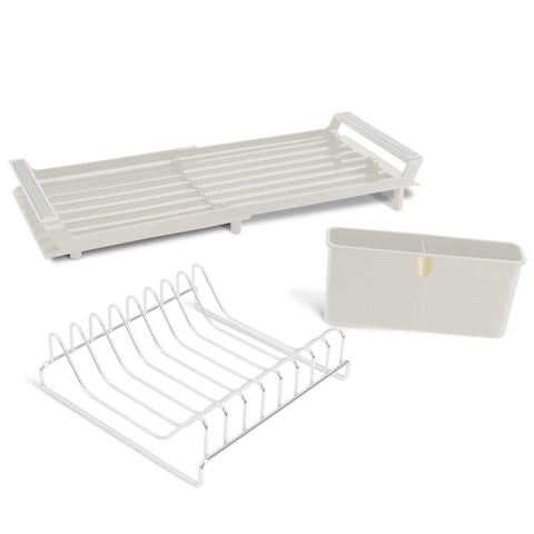 Product image of Adjustable dish rack. Part of the Sahara Collection . Features: • Material: stainless steel, plastic, iron • Size: 27,9-46,5*20*11,6 cm • Adjustable tray • Color: cream. (Studio view). Official Berlinger Haus product, boosted by Promintra sl.