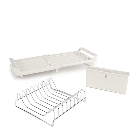 Product image of Adjustable dish rack. Part of the Sahara Collection . Features: • Material: stainless steel, plastic, iron • Size: 27,9-46,5*20*11,6 cm • Adjustable tray • Color: cream. (Studio view). Official Berlinger Haus product, boosted by Promintra sl.
