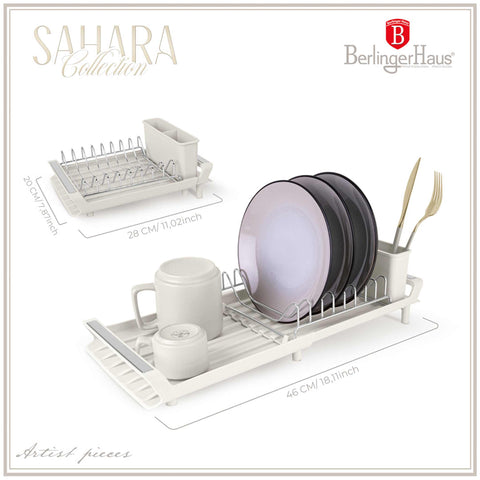 Product image of Adjustable dish rack. Part of the Sahara Collection . Features: • Material: stainless steel, plastic, iron • Size: 27,9-46,5*20*11,6 cm • Adjustable tray • Color: cream. (Studio view). Official Berlinger Haus product, boosted by Promintra sl.
