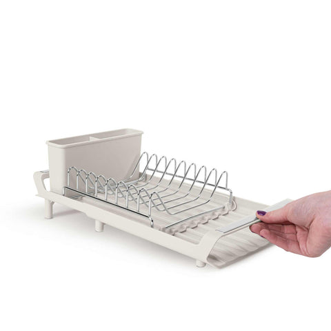Product image of Adjustable dish rack. Part of the Sahara Collection . Features: • Material: stainless steel, plastic, iron • Size: 27,9-46,5*20*11,6 cm • Adjustable tray • Color: cream. (Studio view). Official Berlinger Haus product, boosted by Promintra sl.