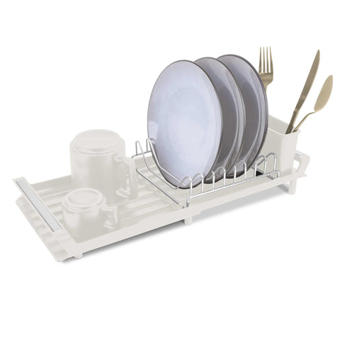 Product image of Adjustable dish rack. Part of the Sahara Collection . Features: • Material: stainless steel, plastic, iron • Size: 27,9-46,5*20*11,6 cm • Adjustable tray • Color: cream. (Studio view). Official Berlinger Haus product, boosted by Promintra sl.