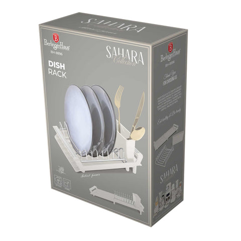 Product image of Adjustable dish rack. Part of the Sahara Collection . Features: • Material: stainless steel, plastic, iron • Size: 27,9-46,5*20*11,6 cm • Adjustable tray • Color: cream. (Studio view). Official Berlinger Haus product, boosted by Promintra sl.