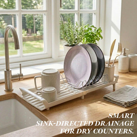 Product image of Adjustable dish rack. Part of the Sahara Collection . Features: • Material: stainless steel, plastic, iron • Size: 27,9-46,5*20*11,6 cm • Adjustable tray • Color: cream. (Studio view). Official Berlinger Haus product, boosted by Promintra sl.