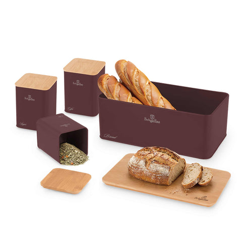 Product image of Bread box with 3pcs canister set. Part of the Leonardo Collection . Features: • Material: carbon steel with matt powder coating, bamboo • Include: • Bread box 33*18*12 cm • Sugar canister Ø10*13 cm • Tea canister Ø10*13 cm • .... (Studio view). Official Berlinger Haus product, boosted by Promintra sl.