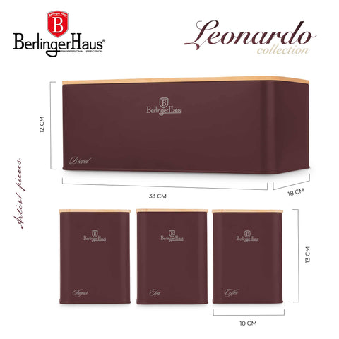 Product image of Bread box with 3pcs canister set. Part of the Leonardo Collection . Features: • Material: carbon steel with matt powder coating, bamboo • Include: • Bread box 33*18*12 cm • Sugar canister Ø10*13 cm • Tea canister Ø10*13 cm • .... (Studio view). Official Berlinger Haus product, boosted by Promintra sl.