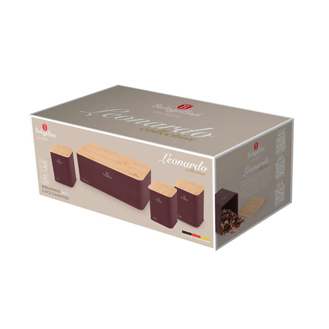 Product image of Bread box with 3pcs canister set. Part of the Leonardo Collection . Features: • Material: carbon steel with matt powder coating, bamboo • Include: • Bread box 33*18*12 cm • Sugar canister Ø10*13 cm • Tea canister Ø10*13 cm • .... (Studio view). Official Berlinger Haus product, boosted by Promintra sl.