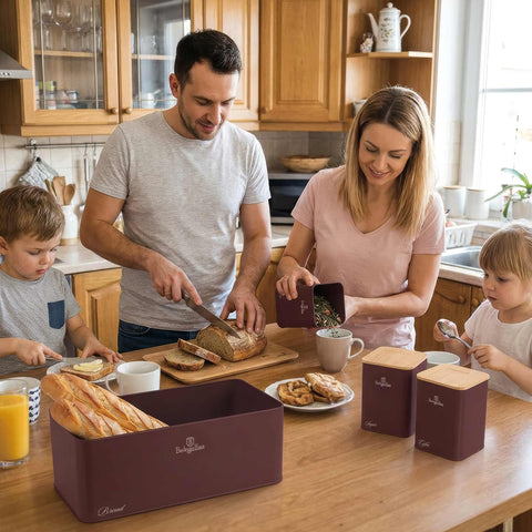 Product image of Bread box with 3pcs canister set. Part of the Leonardo Collection . Features: • Material: carbon steel with matt powder coating, bamboo • Include: • Bread box 33*18*12 cm • Sugar canister Ø10*13 cm • Tea canister Ø10*13 cm • .... (Studio view). Official Berlinger Haus product, boosted by Promintra sl.