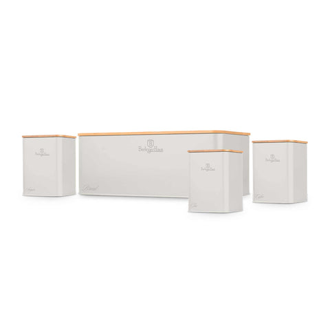 Product image of Bread box with 3pcs canister set. Part of the Sahara Collection . Features: • Material: carbon steel with matt powder coating, bamboo • Include: • Bread box 33*18*12 cm • Sugar canister Ø10*13 cm • Tea canister Ø10*13 cm • .... (Studio view). Official Berlinger Haus product, boosted by Promintra sl.