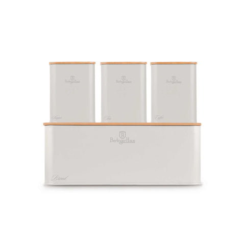 Product image of Bread box with 3pcs canister set. Part of the Sahara Collection . Features: • Material: carbon steel with matt powder coating, bamboo • Include: • Bread box 33*18*12 cm • Sugar canister Ø10*13 cm • Tea canister Ø10*13 cm • .... (Studio view). Official Berlinger Haus product, boosted by Promintra sl.