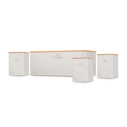 Product image of Bread box with 3pcs canister set. Part of the Sahara Collection . Features: • Material: carbon steel with matt powder coating, bamboo • Include: • Bread box 33*18*12 cm • Sugar canister Ø10*13 cm • Tea canister Ø10*13 cm • .... (Studio view). Official Berlinger Haus product, boosted by Promintra sl.