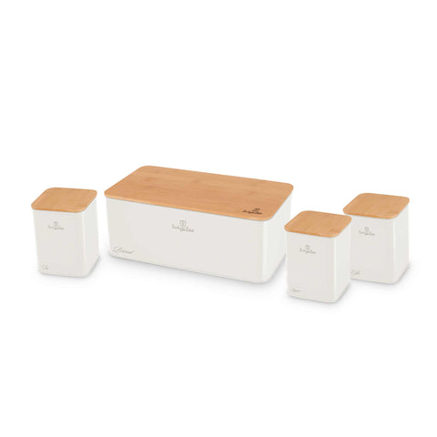 Product image of Bread box with 3pcs canister set. Part of the Sahara Collection . Features: • Material: carbon steel with matt powder coating, bamboo • Include: • Bread box 33*18*12 cm • Sugar canister Ø10*13 cm • Tea canister Ø10*13 cm • .... (Studio view). Official Berlinger Haus product, boosted by Promintra sl.