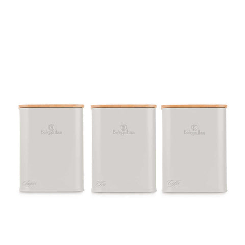 Product image of Bread box with 3pcs canister set. Part of the Sahara Collection . Features: • Material: carbon steel with matt powder coating, bamboo • Include: • Bread box 33*18*12 cm • Sugar canister Ø10*13 cm • Tea canister Ø10*13 cm • .... (Studio view). Official Berlinger Haus product, boosted by Promintra sl.