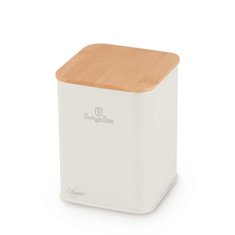 Product image of Bread box with 3pcs canister set. Part of the Sahara Collection . Features: • Material: carbon steel with matt powder coating, bamboo • Include: • Bread box 33*18*12 cm • Sugar canister Ø10*13 cm • Tea canister Ø10*13 cm • .... (Studio view). Official Berlinger Haus product, boosted by Promintra sl.