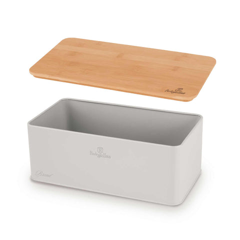 Product image of Bread box with 3pcs canister set. Part of the Sahara Collection . Features: • Material: carbon steel with matt powder coating, bamboo • Include: • Bread box 33*18*12 cm • Sugar canister Ø10*13 cm • Tea canister Ø10*13 cm • .... (Studio view). Official Berlinger Haus product, boosted by Promintra sl.