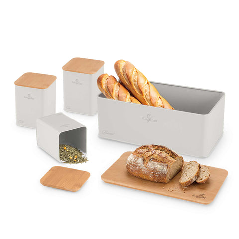 Product image of Bread box with 3pcs canister set. Part of the Sahara Collection . Features: • Material: carbon steel with matt powder coating, bamboo • Include: • Bread box 33*18*12 cm • Sugar canister Ø10*13 cm • Tea canister Ø10*13 cm • .... (Studio view). Official Berlinger Haus product, boosted by Promintra sl.