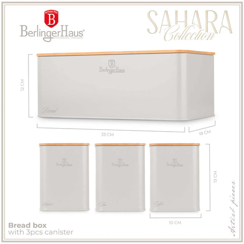 Product image of Bread box with 3pcs canister set. Part of the Sahara Collection . Features: • Material: carbon steel with matt powder coating, bamboo • Include: • Bread box 33*18*12 cm • Sugar canister Ø10*13 cm • Tea canister Ø10*13 cm • .... (Studio view). Official Berlinger Haus product, boosted by Promintra sl.