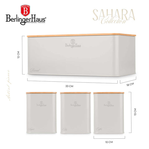 Product image of Bread box with 3pcs canister set. Part of the Sahara Collection . Features: • Material: carbon steel with matt powder coating, bamboo • Include: • Bread box 33*18*12 cm • Sugar canister Ø10*13 cm • Tea canister Ø10*13 cm • .... (Studio view). Official Berlinger Haus product, boosted by Promintra sl.