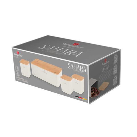 Product image of Bread box with 3pcs canister set. Part of the Sahara Collection . Features: • Material: carbon steel with matt powder coating, bamboo • Include: • Bread box 33*18*12 cm • Sugar canister Ø10*13 cm • Tea canister Ø10*13 cm • .... (Studio view). Official Berlinger Haus product, boosted by Promintra sl.