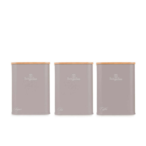 Product image of Bread box with 3pcs canister set. Part of the Taupe Collection . Features: • Material: carbon steel with matt powder coating, bamboo • Include: • Bread box 33*18*12 cm • Sugar canister Ø10*13 cm • Tea canister Ø10*13 cm • .... (Studio view). Official Berlinger Haus product, boosted by Promintra sl.