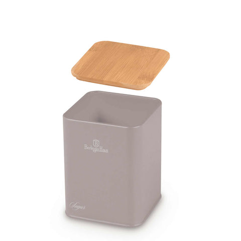 Product image of Bread box with 3pcs canister set. Part of the Taupe Collection . Features: • Material: carbon steel with matt powder coating, bamboo • Include: • Bread box 33*18*12 cm • Sugar canister Ø10*13 cm • Tea canister Ø10*13 cm • .... (Studio view). Official Berlinger Haus product, boosted by Promintra sl.