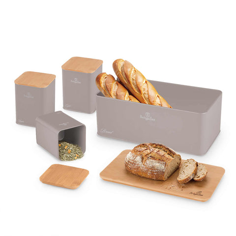 Product image of Bread box with 3pcs canister set. Part of the Taupe Collection . Features: • Material: carbon steel with matt powder coating, bamboo • Include: • Bread box 33*18*12 cm • Sugar canister Ø10*13 cm • Tea canister Ø10*13 cm • .... (Studio view). Official Berlinger Haus product, boosted by Promintra sl.