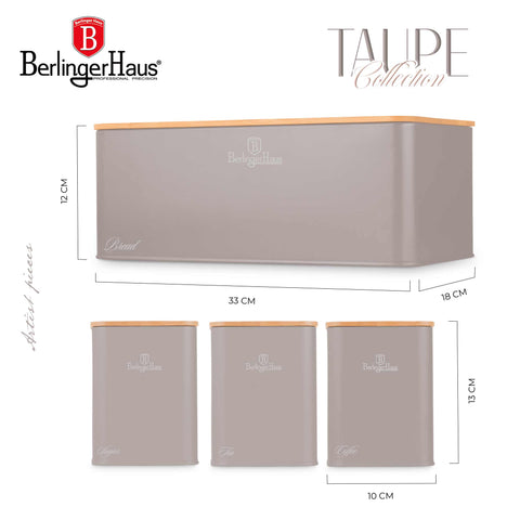 Product image of Bread box with 3pcs canister set. Part of the Taupe Collection . Features: • Material: carbon steel with matt powder coating, bamboo • Include: • Bread box 33*18*12 cm • Sugar canister Ø10*13 cm • Tea canister Ø10*13 cm • .... (Studio view). Official Berlinger Haus product, boosted by Promintra sl.