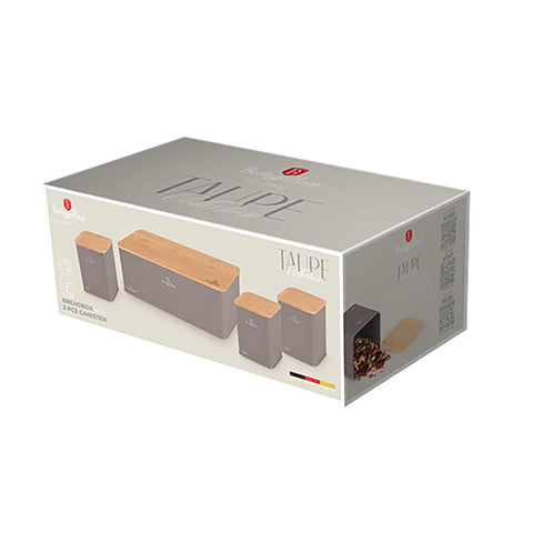 Product image of Bread box with 3pcs canister set. Part of the Taupe Collection . Features: • Material: carbon steel with matt powder coating, bamboo • Include: • Bread box 33*18*12 cm • Sugar canister Ø10*13 cm • Tea canister Ø10*13 cm • .... (Studio view). Official Berlinger Haus product, boosted by Promintra sl.