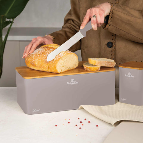 Product image of Bread box with 3pcs canister set. Part of the Taupe Collection . Features: • Material: carbon steel with matt powder coating, bamboo • Include: • Bread box 33*18*12 cm • Sugar canister Ø10*13 cm • Tea canister Ø10*13 cm • .... (Studio view). Official Berlinger Haus product, boosted by Promintra sl.