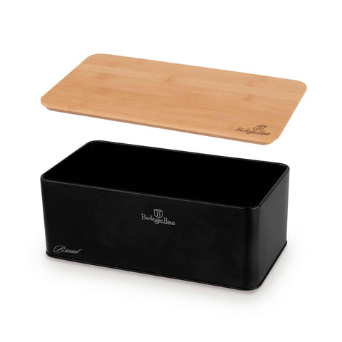Product image of Bread box with 3pcs canister set. Part of the Black Vantage Collection/Matte Black Collection/Black Silver Collection . Features: • Material: carbon steel with matt powder coating, bamboo • Include: • Bread box 33*18*12 cm • Sugar canister Ø10*13 cm • Tea canister Ø10*13 cm • .... (Studio view). Official Berlinger Haus product, boosted by Promintra sl.