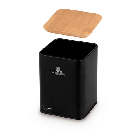 Product image of Bread box with 3pcs canister set. Part of the Black Vantage Collection/Matte Black Collection/Black Silver Collection . Features: • Material: carbon steel with matt powder coating, bamboo • Include: • Bread box 33*18*12 cm • Sugar canister Ø10*13 cm • Tea canister Ø10*13 cm • .... (Studio view). Official Berlinger Haus product, boosted by Promintra sl.